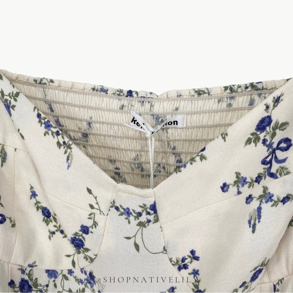 NWT Reformation Women's Lua Puff Sleeve Floral Smocked Top Sz 8, Ivory & Blue - Picture 7 of 16